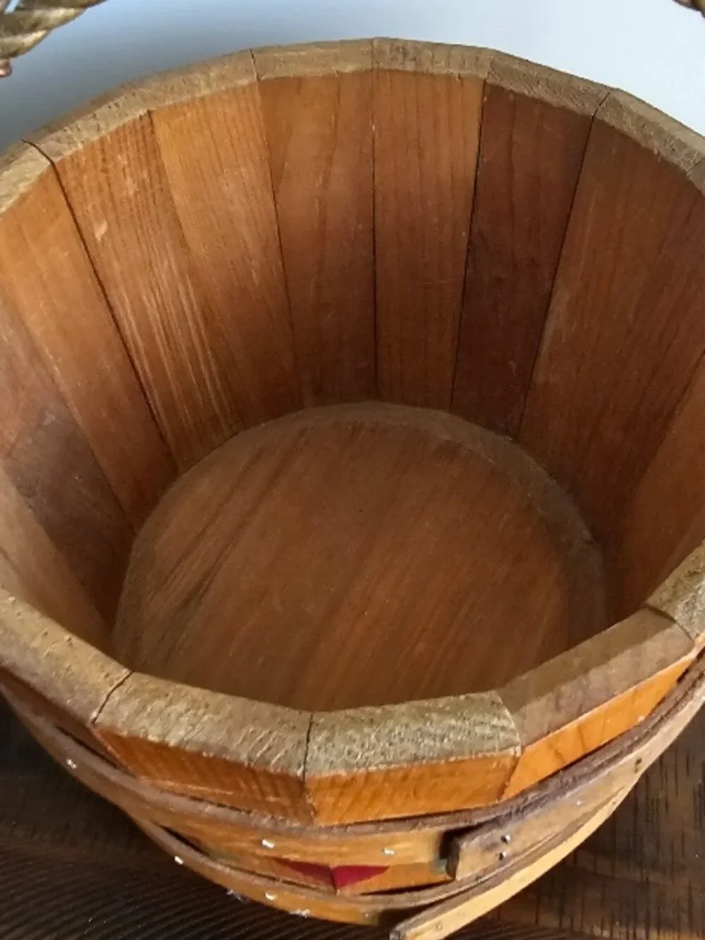 Vintage Heavy Wood Rope Handle Bucket Basket Primitive Farmhouse Rustic Decor